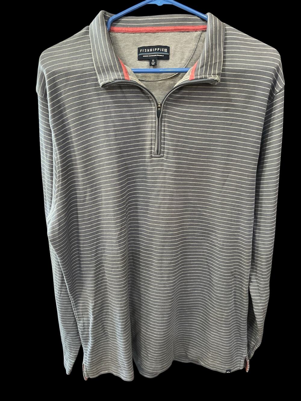 Fishhippie Men's Shirt-Sz XL-1/4 Zip pulliver-Gray/White Stripe-L Sleeve-1089